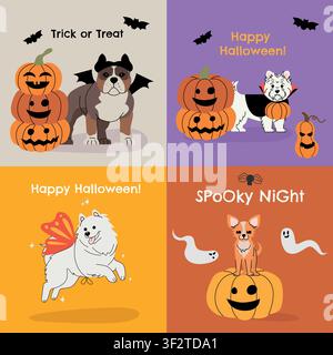 Cute Halloween greeting cards collection featuring adorable cartoon dogs in spooky outfits, bats, ghosts, and pumpkins. Creative square festive Stock Vector