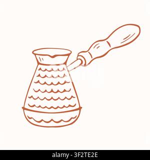 Hand drawn copper cezve coffee pot with wavy pattern. Traditional middle eastern drink preparation equipment. Line art sketch style. illustration for Stock Vector