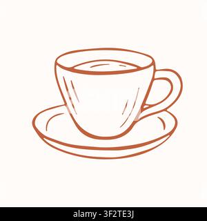 Simple coffee or tea cup on saucer . Hand drawn doodle style brown line art sketch. Beverage drink break concept. Minimalist element for menu design Stock Vector