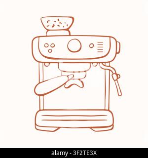 Espresso machine for home coffee making in line art style. Kitchen appliance for morning beverage preparation. Brown sketch on white background Stock Vector