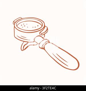 Espresso portafilter icon with ground coffee beans inside. Barista equipment tool for making coffee. Simple line art drawing in brown color Stock Vector