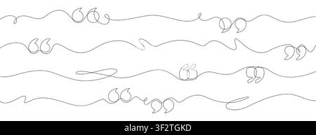 Continuous single one line art quote frame. Hand drawing text double commas, quotation marks. Doodle minimal linear icon silhouette of quotes, outline simple dialogue comment, citation graphic design Stock Vector