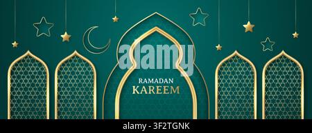Ramadan Kareem poster with arabic golden frames, mosque silhouettes, islamic arch shape. Banner with gold arabesque windows, gates, moroccan borders with arabian traditional crescent and hanging stars Stock Vector