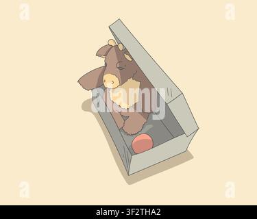 Plush Cow Toy in Cardboard Box 3D Illustration Donation and Childhood Concept. Plush cow toy with horns and a small ball inside a cardboard box 3D ill Stock Vector