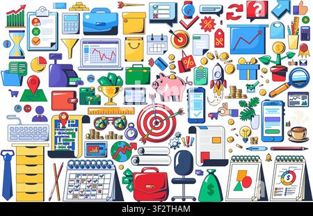 Business Office Elements Icon Collection Finance Marketing Productivity Vector Set. Business office elements icon collection featuring finance, market Stock Vector