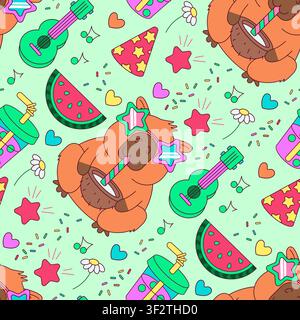 Cute Capybara Summer Seamless Pattern Kawaii Animal Background with Watermelon and Ukulele. Cute capybara summer seamless pattern featuring kawaii ani Stock Vector