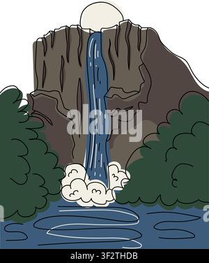 Waterfall landscape flat illustration featuring a mountain cliff, flowing cascade, river, lush forest, and peaceful natural scenery. Ideal for travel, Stock Vector