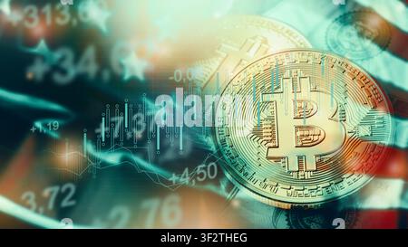 Chart shows money trends with coins during a financial downturn Stock Photo
