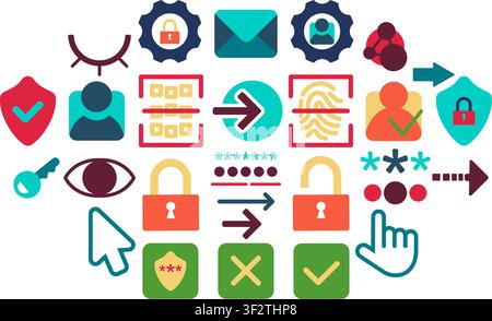 Vector Login Form and User Authentication Icons Set. User authentication, cybersecurity, and profile management symbols for UI, web, application. Inte Stock Vector