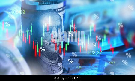 Money chart shows changes in value with coins and banknotes on the table during recession Stock Photo
