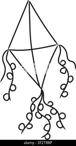 simple hand-drawn kite sketch with clean outlines, flying kite, one-line art drawing of outline, vector minimalist illustration, doodle art, cartoon Stock Vector