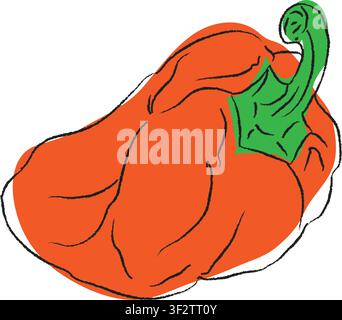 Stylized collection of flat vector elements in green colors, outline drawing for orange bell pepper, design, bell pepper line art, hand painting set Stock Vector