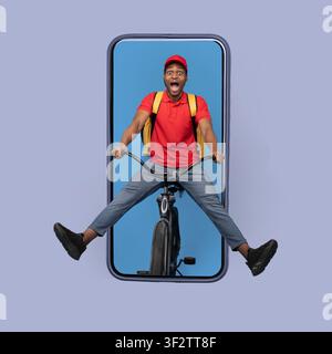 Black Courier On Bike In Smartphone Delivering Meal, Blue Background Stock Photo