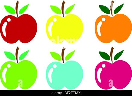Simple flat, colorful apple vector design, 2D flat vector red, yellow, orange, green, blue and pink apple illustration icon isolated on a white Stock Vector