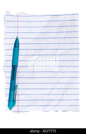 Blank torn and wrinkled lined paper with a pen isolated on white for education or brainstorming Stock Photo