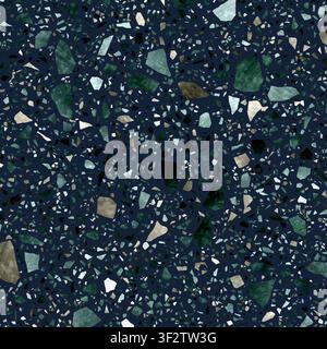 A dark, moody navy blue terrazzo texture with flecks of emerald green, white, and brown stone fragments. Stock Photo