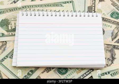 Blank lined index cards on twenty dollar bills for personal budget planning Stock Photo