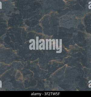 A dark slate or basalt stone texture featuring intricate, glowing golden mineral veins throughout. Stock Photo