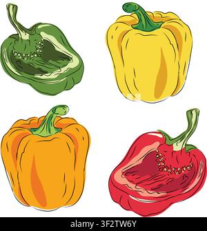 Collection of Realistic green and yellow and red and orange bell pepper illustrations set, Clean vector set ideal for packaging, label and and product Stock Vector