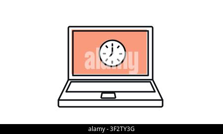 Laptop time management icon: portable notebook computer displaying clock face symbol on screen, modern offset color line art vector illustration. Stock Vector