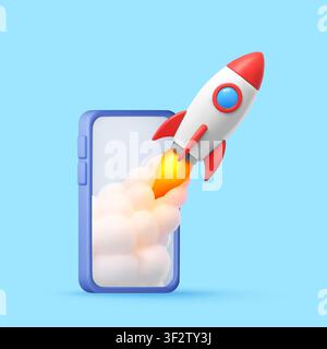 3D Rocket launching from a smartphone screen. Stock Vector