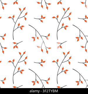 Seamless pattern with minimalist rosehip branches and red berries on a white background for autumn textiles, wrapping paper and vector botanical wallpaper designs. Vector illustration Stock Vector