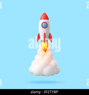 3D Rocket ship launching upward with smoke cloud. Stock Vector