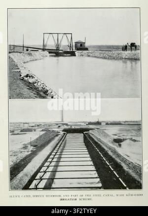 Wadi Kom Ombo irrigation scheme featuring a service reservoir, sluice gates, and a steel canal, showing hydraulic engineering and water management in a desert environment. From the Article MECHANICAL IRRIGATION STATIONS ON THE NILE. By J. B. Van Brussel. From The Engineering Magazine Devoted to Industrial Progress Volume XXXVI October 1908 - March 1909 The Engineering Magazine Co. Stock Photo