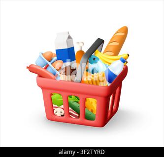 3D Red shopping basket full of various groceries Stock Vector