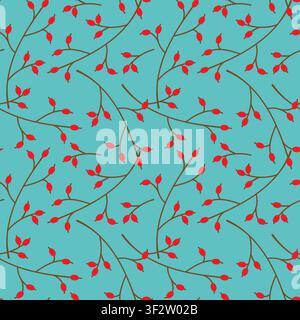pattern with minimalist brown rosehip branches and vibrant red berries on a turquoise background for modern autumn textiles, trendy kitchen decor and vector botanical wallpaper designs. Vector illustration Stock Vector