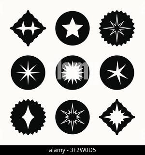 Vector retro star sticker badges collecton. Flat geometric sparkle icons, vintage burst symbols. Set of black and white circular labels, bold flat vector elements Stock Vector
