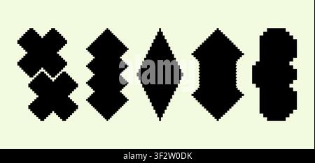Set of retro pixel art geometric shapes and abstract masks. Minimal 8-bit style frames and design elements isolated on background. Stock Vector