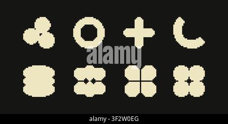 Set of retro pixel art geometric shapes and abstract masks. Minimal 8-bit style frames and design elements isolated on background. Stock Vector
