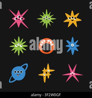 Flat vector cute cosmic star characters. Colorful monster faces, playful multi-eye expressions and bold flat vector shapes. Stock Vector