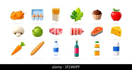 Collection of 3D food and drink icons. Stock Vector