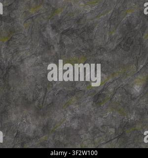 A detailed close-up of a rugged grey rock surface accented by bright green moss growing in diagonal crevices. Stock Photo