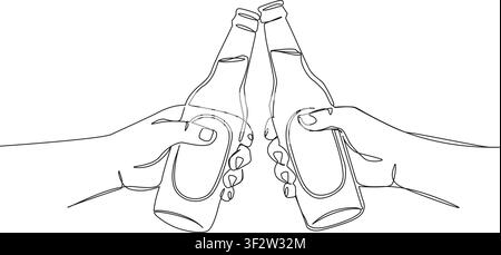 continuous one-line drawing of two hands clinking beer bottles together in a toast, celebration and party concept, line art vector illustration Stock Vector