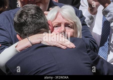 London, UK. 20th July, 2026. Burnham hugs his mum Eileen Burnham. Andy Burnham, new Prime Minister of the United Kingdom, arrives and makes his first speech outside 10 Downing Street, and chats to friends, family and supporters with his wife Mary-Frane van Heel. Andy Burnham officially replaces Sir Keir Starmer and becomes the UK's 59th prime minister today. Credit: Imageplotter/Alamy Live News Stock Photo