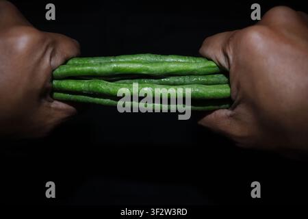Close-up of two hands holding a handful of fresh green beans against a black background. Fresh organic vegetables presented in a simple studio setting Stock Photo
