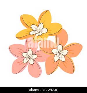 Vector illustration of three tropical plumeria flowers. Hand drawn exotic floral element in pastel colors for logo design, wedding card, and icon. Stock Vector