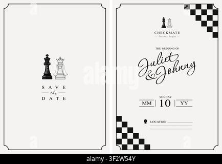 Chess themed wedding invitation card template set with save the date design, featuring black king and white queen chess pieces, checkered pattern bord Stock Vector
