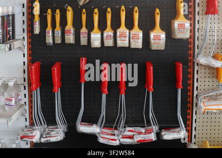 Assorted Paint Brushes and Mini Paint Rollers Hanging on Display Rack in Hardware Store. Set of Professional Painting Tools with Yellow Handles Stock Photo