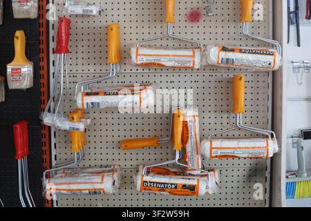 Paint rollers and brushes in plastic wrap hanging on a pegboard wall display at a hardware store Stock Photo