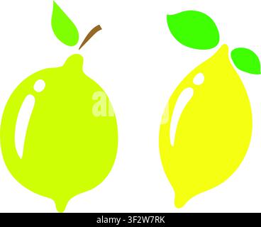 Simple yellow and green Lemon vector design, 2D flat vector lime illustration icon isolated on a white background. green lime sticker icon in flat sty Stock Vector