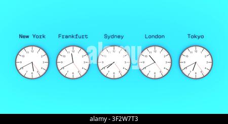 World clocks on a blue wall showing the time in the United States, Tokyo, Frankfurt, Sydney and London. World clocks on a blue wall showing the time i Stock Photo