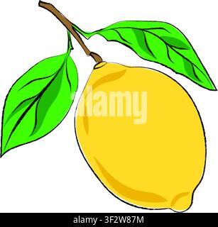 lemon illustration icon isolated on a white background. lemon sticker icon in flat style, Cute Hand-Drawn Fruit Character Collection, EPS format Stock Vector