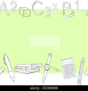 office student and school supplies and letters Seamless horizontal border frame template Black and white hand drawn illustration. Vector graphic line Stock Vector