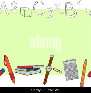 office student and school supplies and letters Seamless horizontal border frame template colored hand drawn illustration. Vector graphic line ink art. Stock Vector