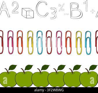 Letters and symbols, apple, paperclip set School Seamless horizontal border frame template colored hand drawn illustration. Vector graphic line ink ar Stock Vector