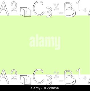 Letters and symbols School Seamless horizontal border frame template colored hand drawn illustration. Vector graphic line ink art. learning and creati Stock Vector